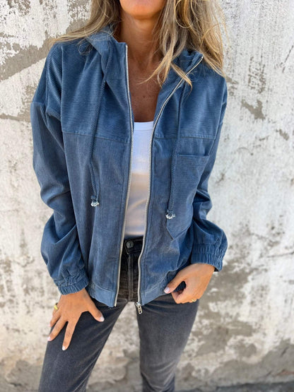 Veste Cordonée Unie à Capuche Femme