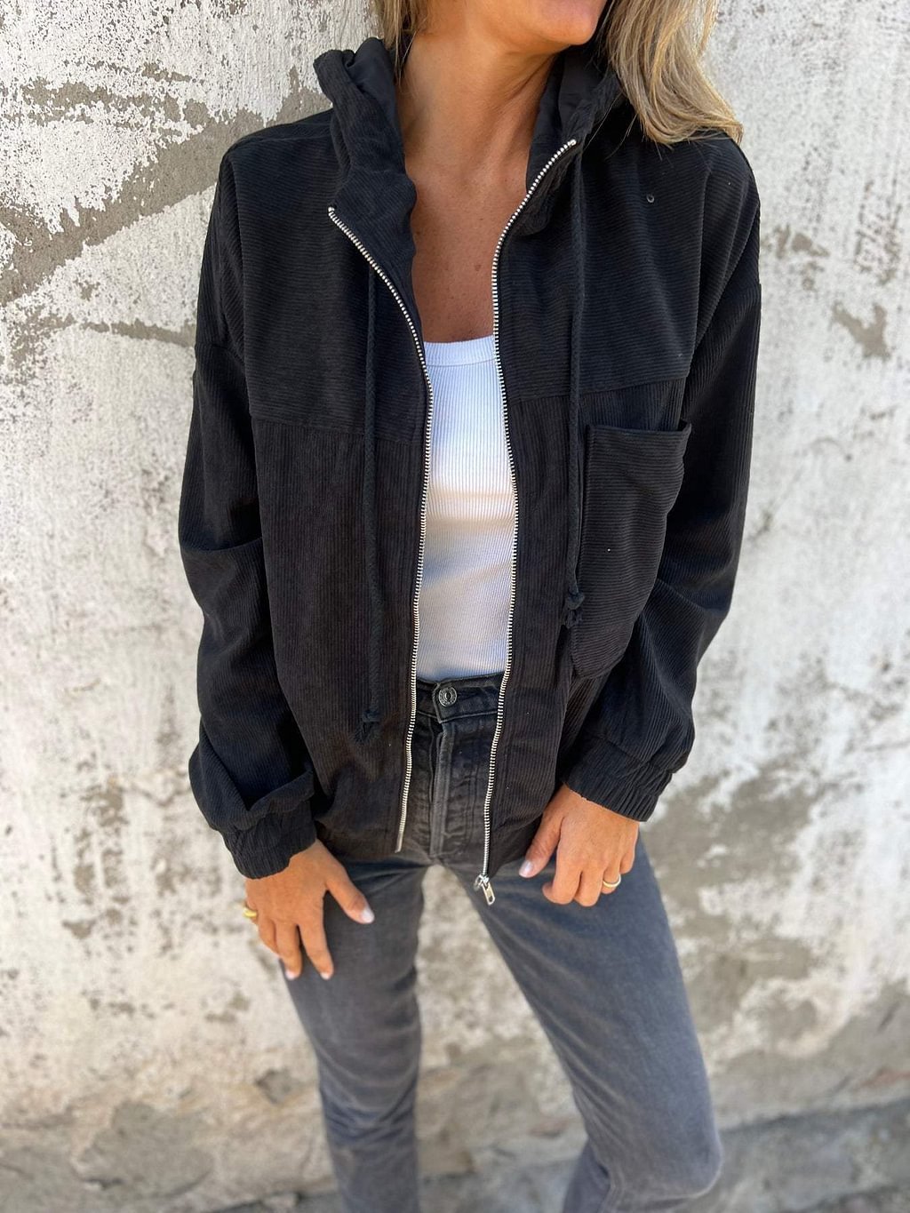Veste Cordonée Unie à Capuche Femme