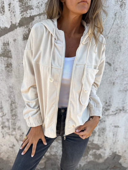 Veste Cordonée Unie à Capuche Femme